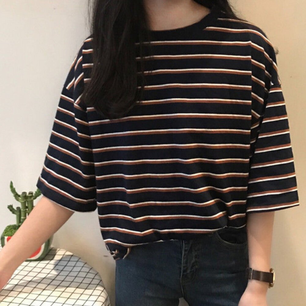 Classic Striped Boxy T-Shirt - Navy and Brown
